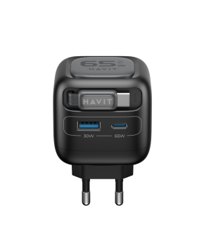 Incarcator retea Havit UC253 EU, PD65W, cablu retractabil, USB-C + USB-A, Negru + Gri