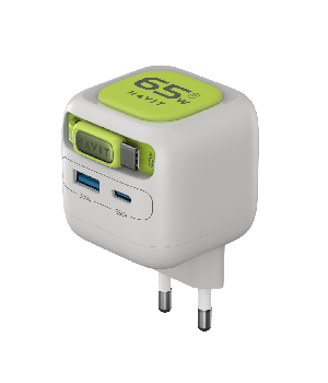 Incarcator retea Havit UC253 EU, PD65W, cablu retractabil, USB-C + USB-A, Gri + Verde