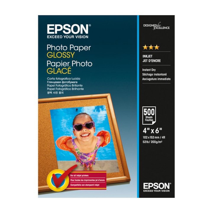 Epson C13S042549 - Hartie foto, lucioasa, albă, 10x15cm, 4x6", 200 g/m2, 500 buc, jet de cerneală