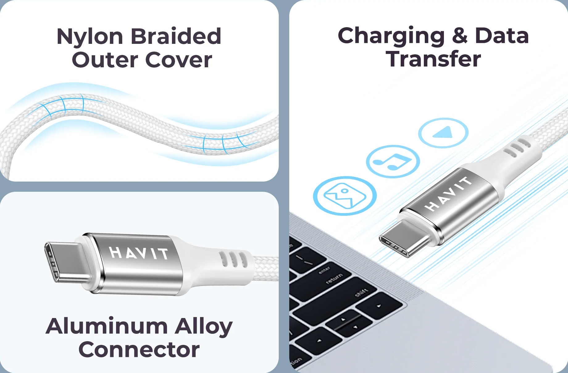 Captusit cu nilon impletit!
Conector din aliaj de aluminiu!
Incarcare si transfer de date simultane!