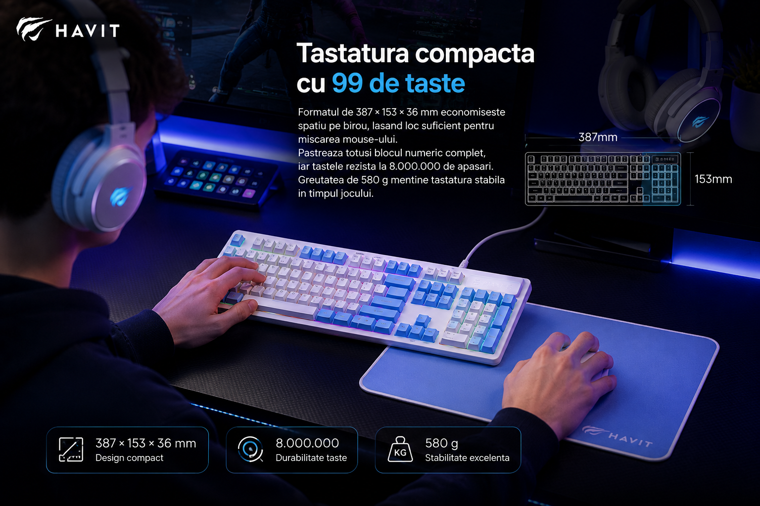 HAVIT KB897CM tastatura compacta 99 taste cu iluminare