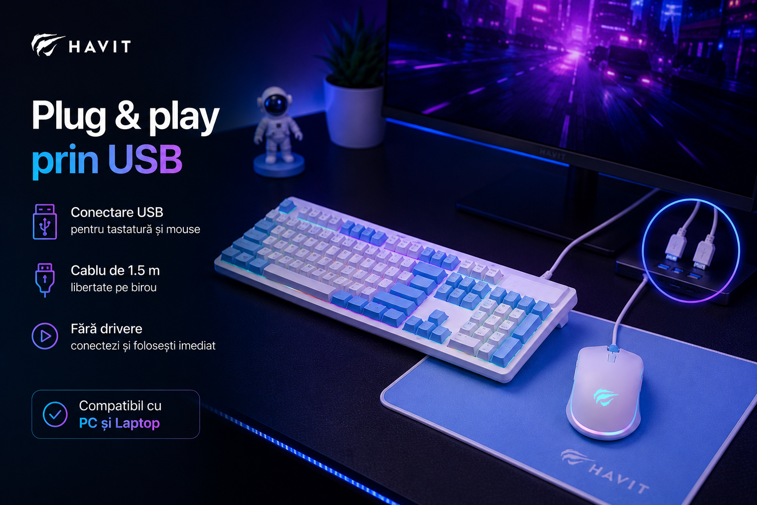 HAVIT KB897CM conectare USB plug and play cablu 1.5m