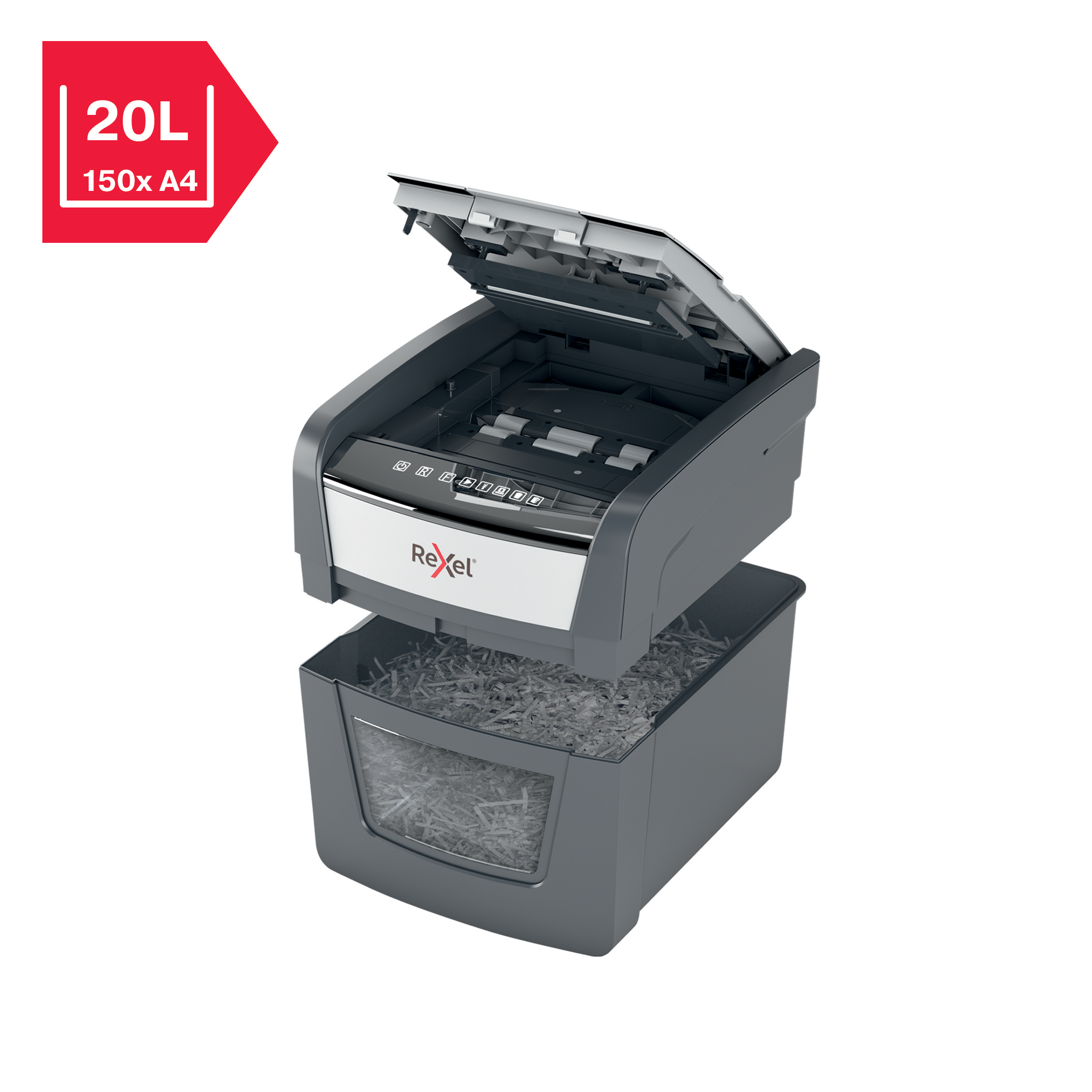 Golesti cosul cu un minim de efort. Distrugatorul are o capacitate a cosului de 150 coli A4 (20 litri), cu capac care se ridica