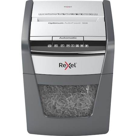Distrugator documente automat REXEL OPTIMUM 50X, P4, cross-cut (confeti), 50 coli, cos 20l, negru-gri